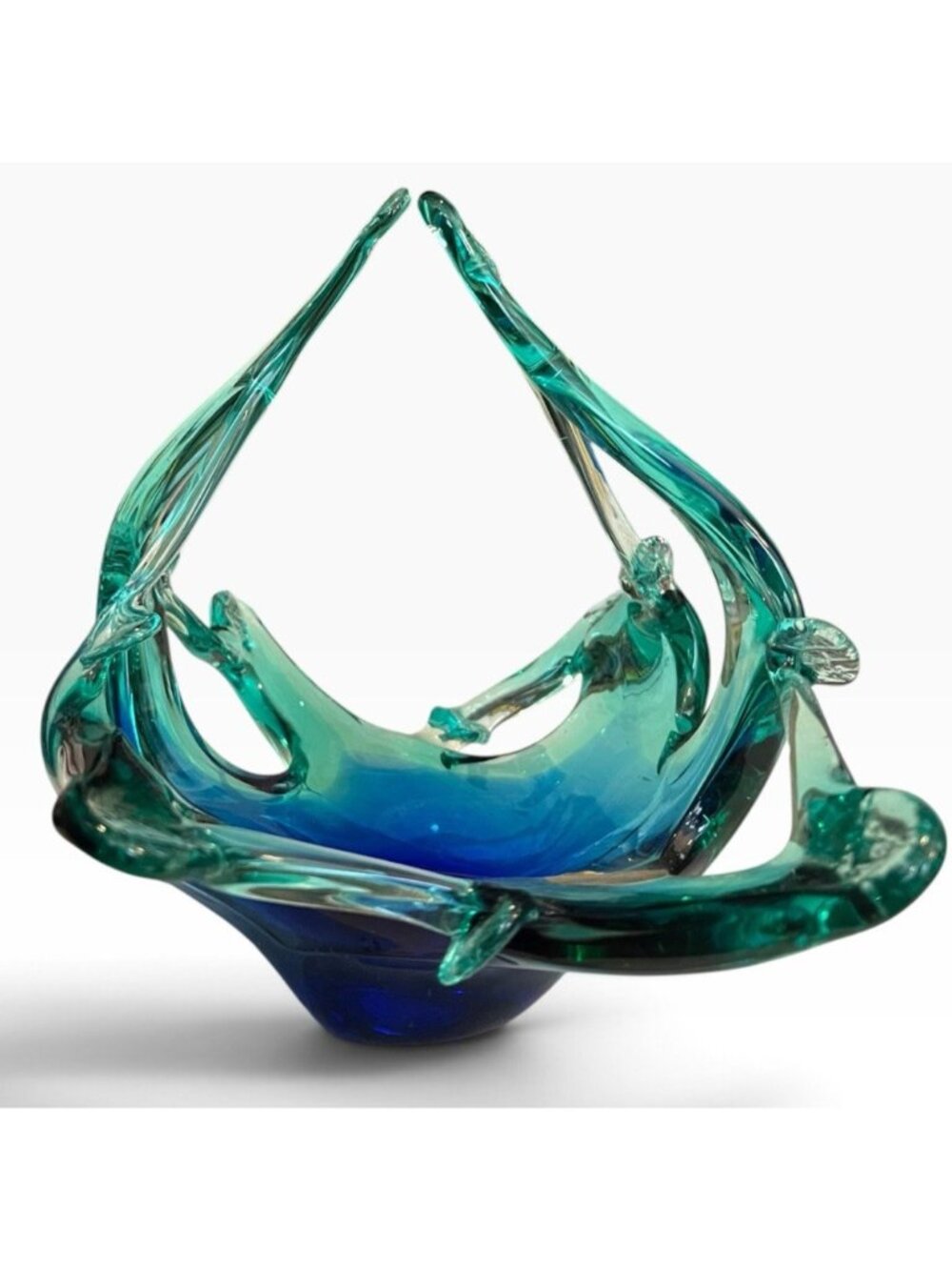 Murano Glassware Abstract Blue Green Art Glass Basket Bowl Crystal Clear Italy